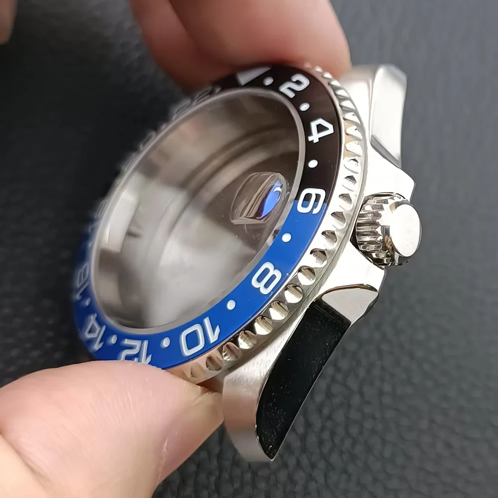 NH35 GMT حالة 40.5 مللي متر عالية الجودة الرجال فضي الصلب حالة NH34 NH35 NH36 حركة الحال بالنسبة الياقوت ساعة زجاجية صندوق الحافة ساعة