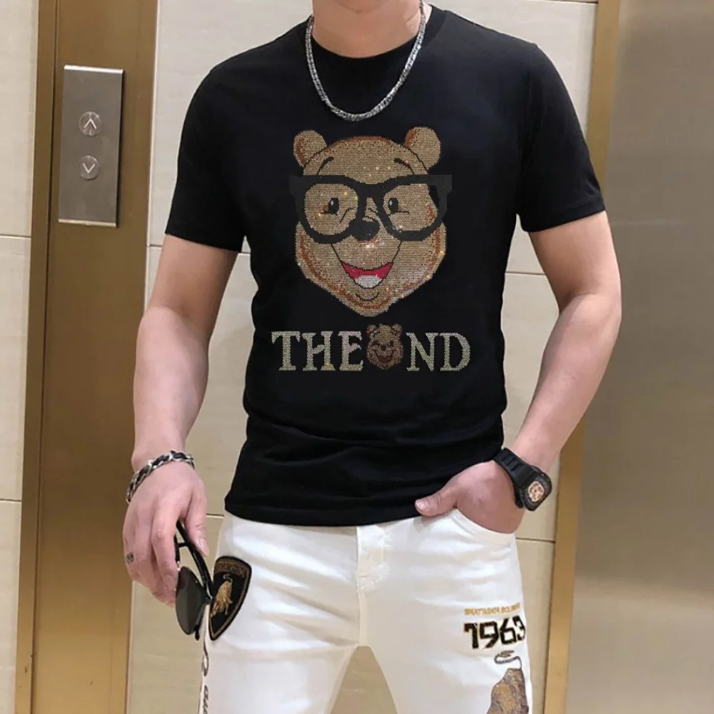 Casual T-shirt Men's Letter Hot Drill Large Size Short Sleeve 2025 Summer High Quality Brand Cotton O-neck Tees Shirt