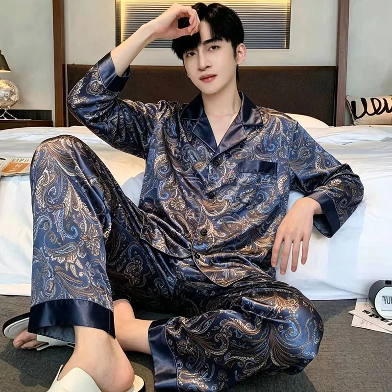 3XL Long Sleeve Pyjamas Suit Pijama Satin Printed Shirt Men Tops Trousers Pajamas Man Silk Satin Pajamas for Teenagers Cozy Soft