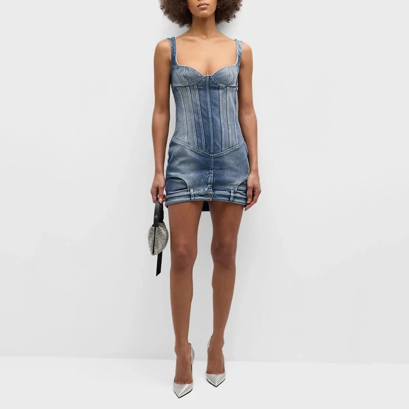 Fishbone Skinny Sleeveless Mini Dress,Denim Skirt,Sleeveless Halter Dress,Vintage Washed Cotton,Y2K,Summer Fashion,New,2024