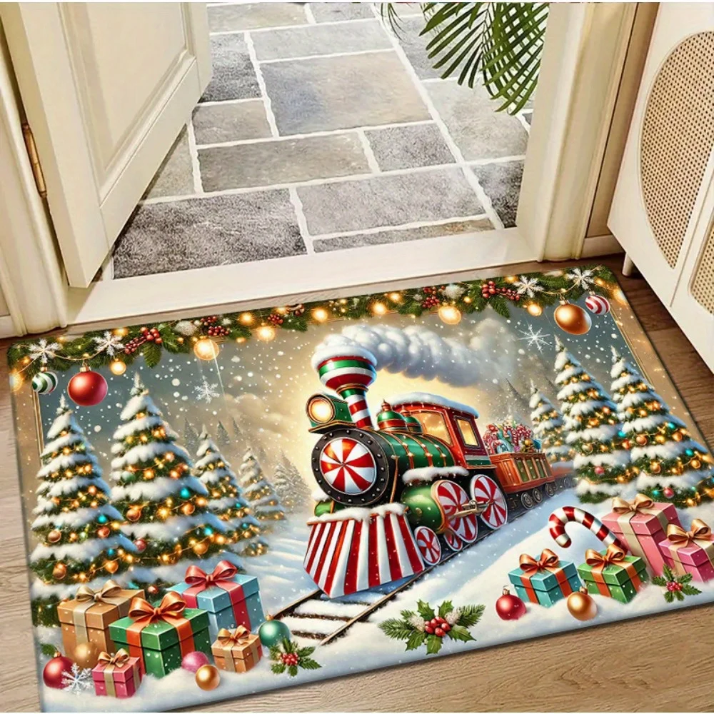 Christmas Tree Train Print Door Mat Living Room Entrance Welcome Mat Kitchen Bedroom Bath Non-slip Rugs Christmas Decorations
