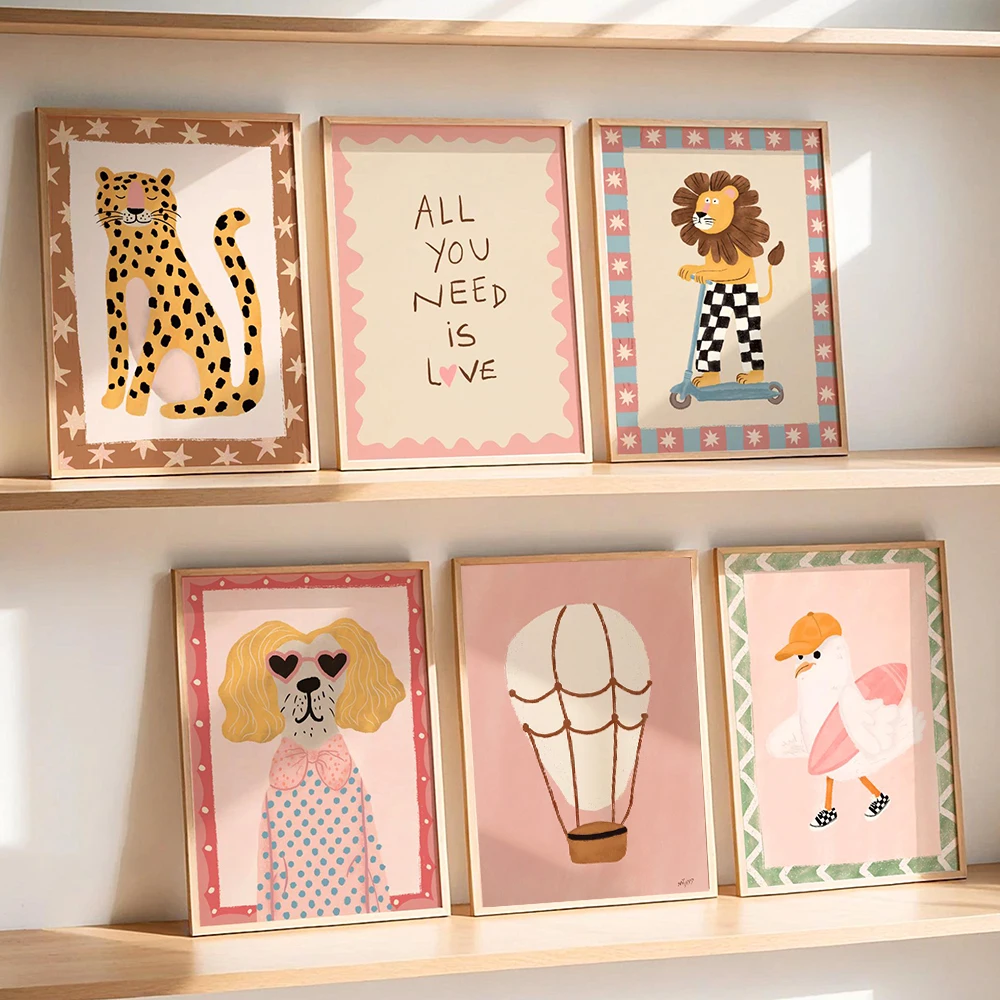 

Fashion Dog Lion Leopard Surfer Seagull Poster Animal Wall Art Kids Room Decor Boho Nursery Print Safari Montessori Illustration