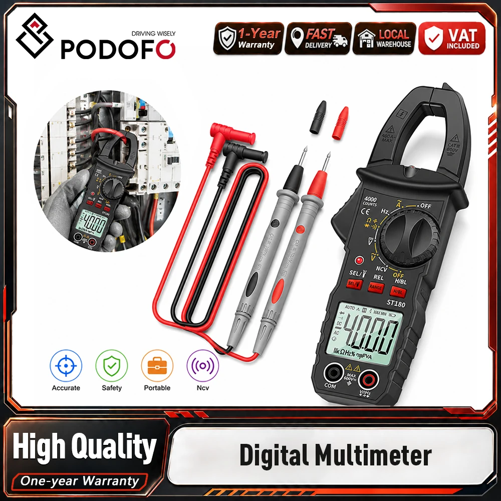 Podofo 4000 Counts Digitales Zangenmultimeter mit Auto-Range-Funktion, Handheld-Stromzangenmessgerät, NCV-Stromfrequenzdetektor, Hintergrundbeleuchtung, Datenspeicherung, AC-Strom-, Spannungs-,