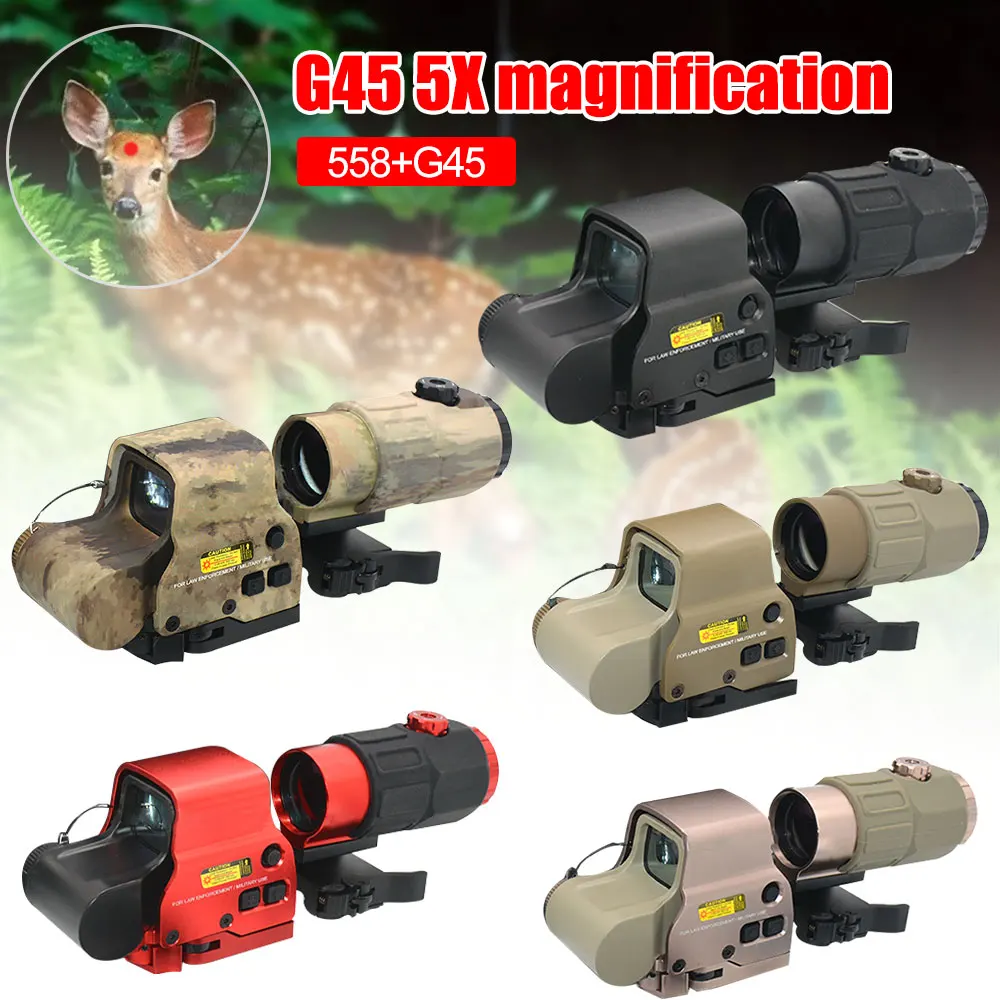 5xG45 Sight Magnifier With Red/Green Scope 558 HHS Holographic Mirror EXPS3-2 Hologram Collimator QD Mount For 20mm Rail Airsoft