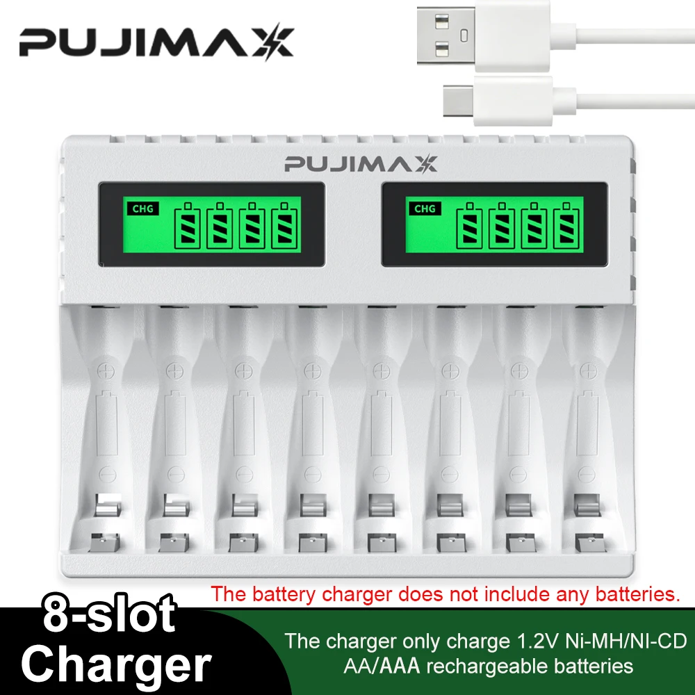 PUJIMAX AA/AAA Rechargeable Battery Charger LCD Display Portable Type C Cable Battery Charger for 1.2v AA/AAA Ni-MH Batteries
