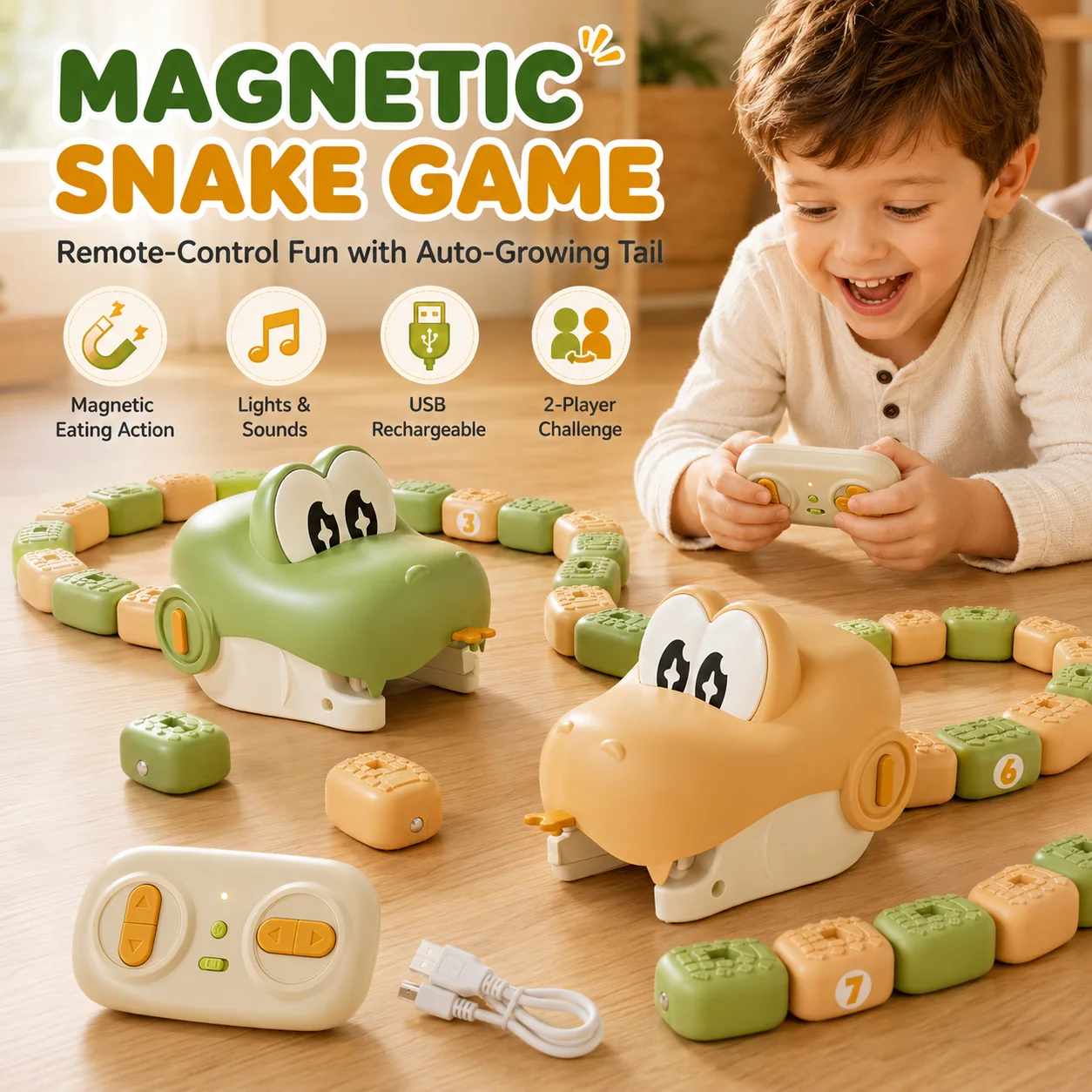 Magnetic Snake Toy Remote Control Growing Snake Game Sound Light Self Eating Snake Blocks Interactive Family Game Toy for Kids