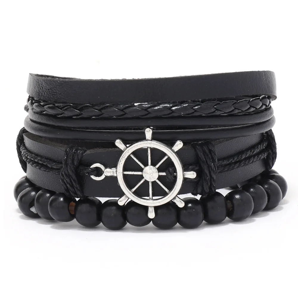 European and American jewelry men's marine wind rudder sailor bracelet multilayer simple leather bracelet