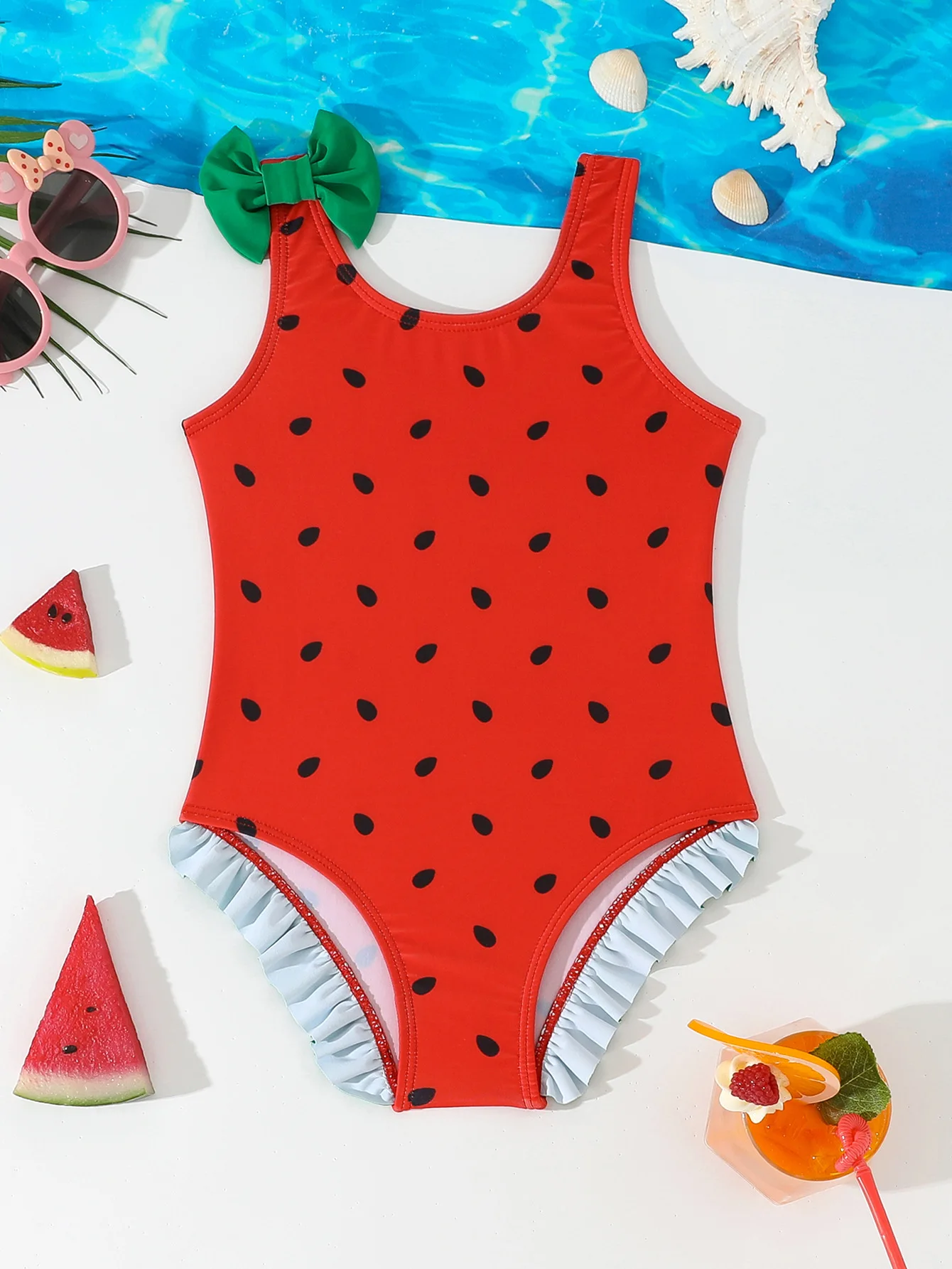 Kids Red Watermelon Print One Piece Swimsuit Big Green Bow Decor Ruffle Leg Opening Sleeveless Toddler Girls Beach Bathing Suit