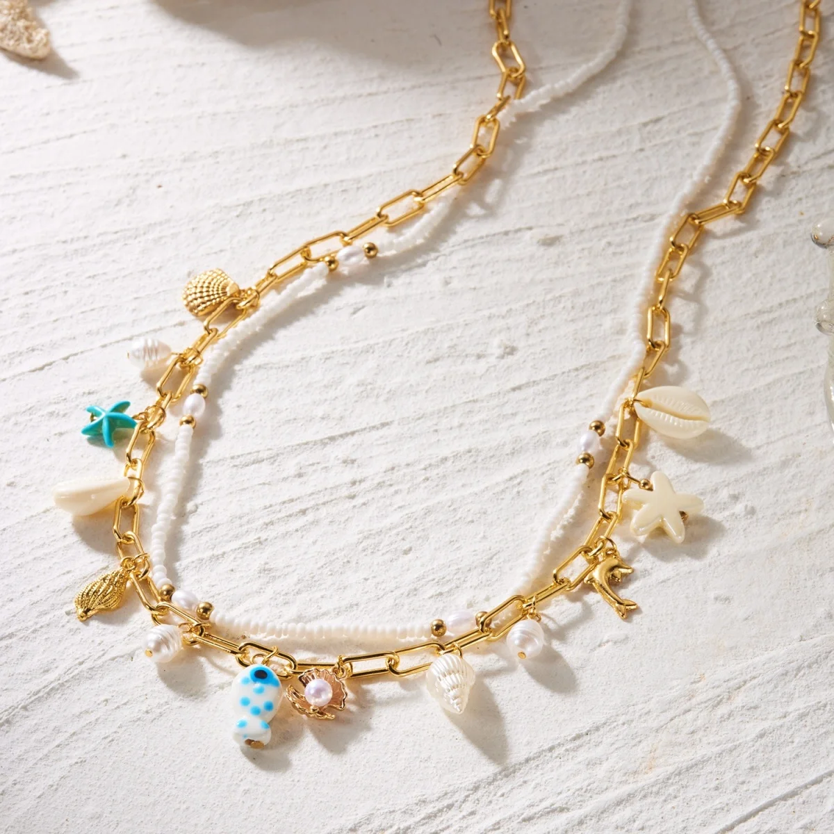 Acryl-Seestern-Muschel-Keramik-Fisch-Reisperlen-Taillenkette für Damen und Herren, doppellagige Delfin-Körperkette, böhmischer Körperschmuck – Detail 18
