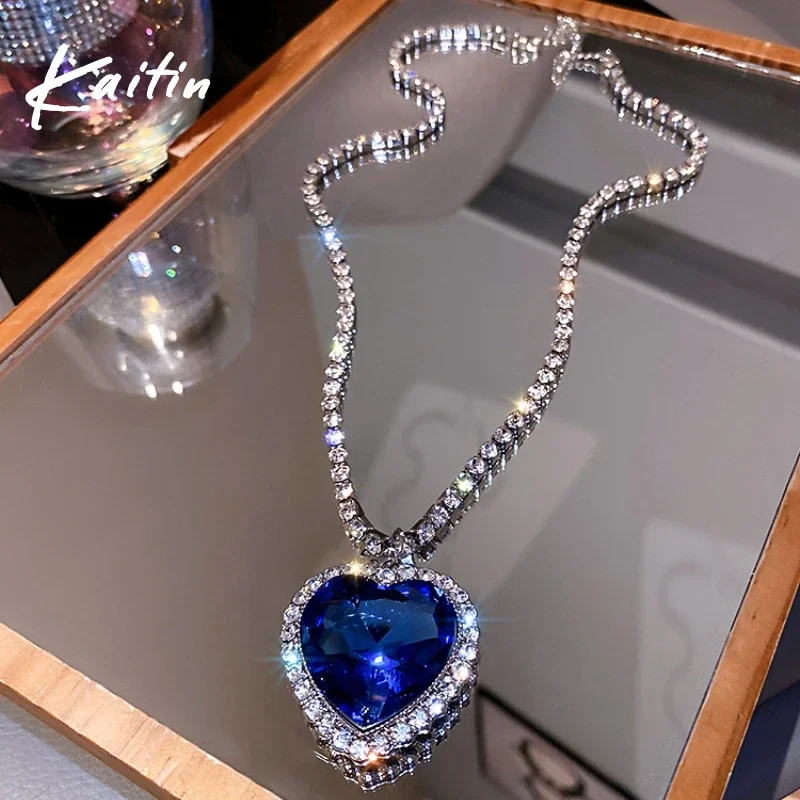 Titanic Heart Of Ocean Blue Crystal Love Heart Pendant Necklace for Women Full Rhinestone Chain Collar Lover Forever Jewelry