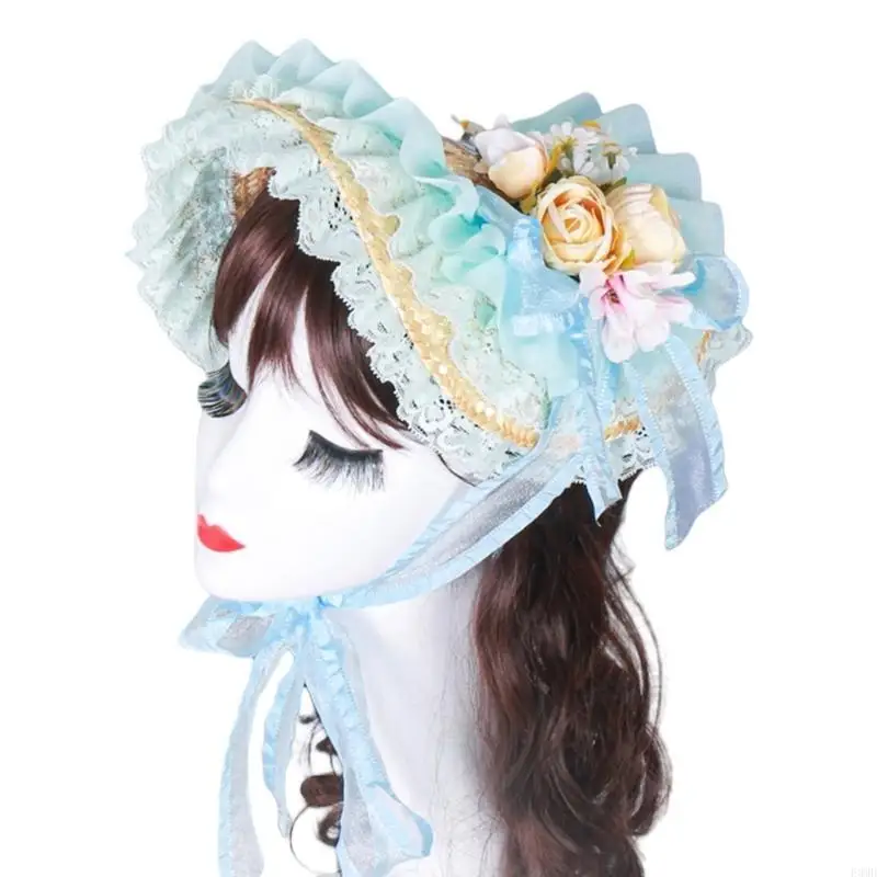 

Handmade Victorian Bonnet Straw Sun Hat for Cocktail Party Cosplay Fascinator F3MD
