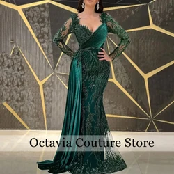 Evening Dresses for Elegant Beautiful luxury 2024 lace Emerald Green Trumpet Long Sleeves Draped Party Dresses Customized