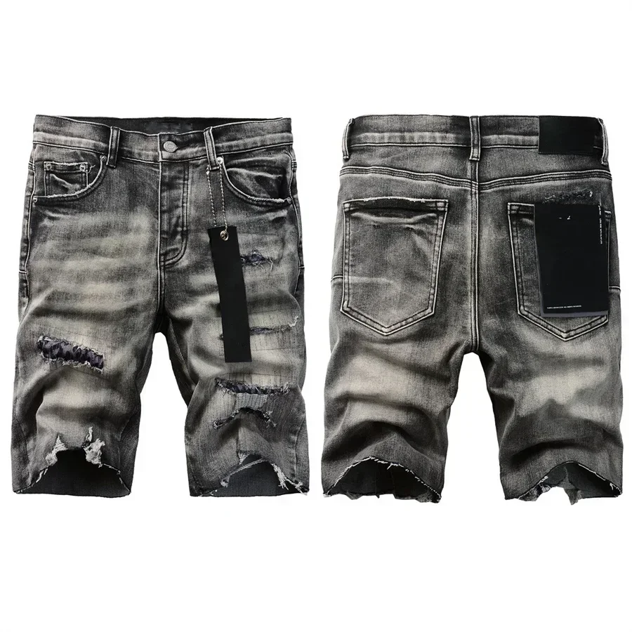 

Top quality New Purples Jeans Men brands Trendy Elastic Edged Middle Pants Irregular black Color Washed Denim Shorts pants