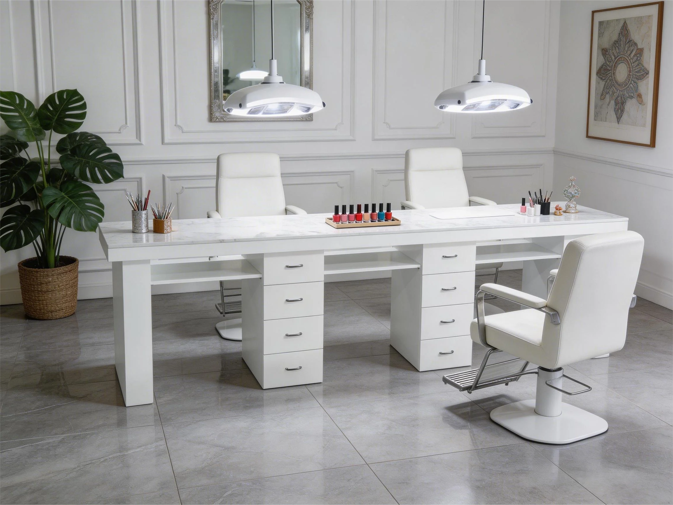New Design Luxury Triple Seaters Nail Table with Marble Top Manicure Pedicure Table