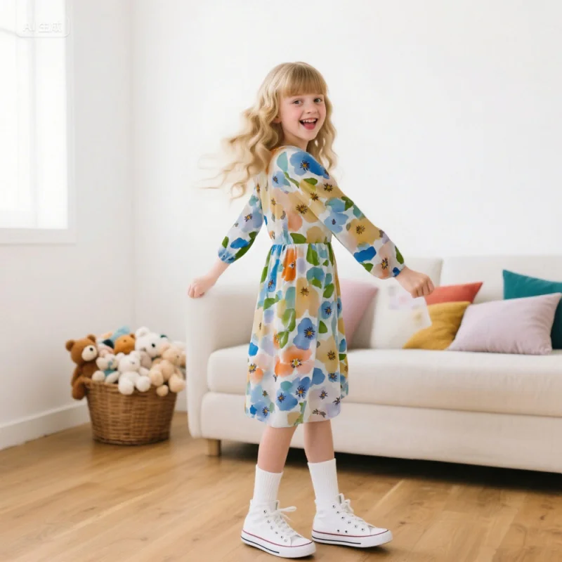 2025 Girls' Skirt Colorful Flowers Long-sleeve Jumpsuit Group