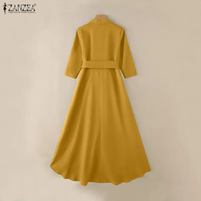 ชุดเดรสทำงานสไตล์ออฟฟิศสำหรับผู้หญิง แบรนด์ ZANZEA รุ่นฤดูใบไม้ร่วง ปี 2026 ดีไซน์เสื้อเชิ้ต คอปก แขน 3/4 แต่งเชือกผูก  สำหรับงานปาร์ตี้  กระดุมติด  ผ้าสีพื้น