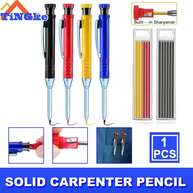 

Solid Carpenter Pencil Set With 6 Refill Leads Built-in Sharpener Marking Tool Woodworking Deep Hole Mechanical Pencils Tool