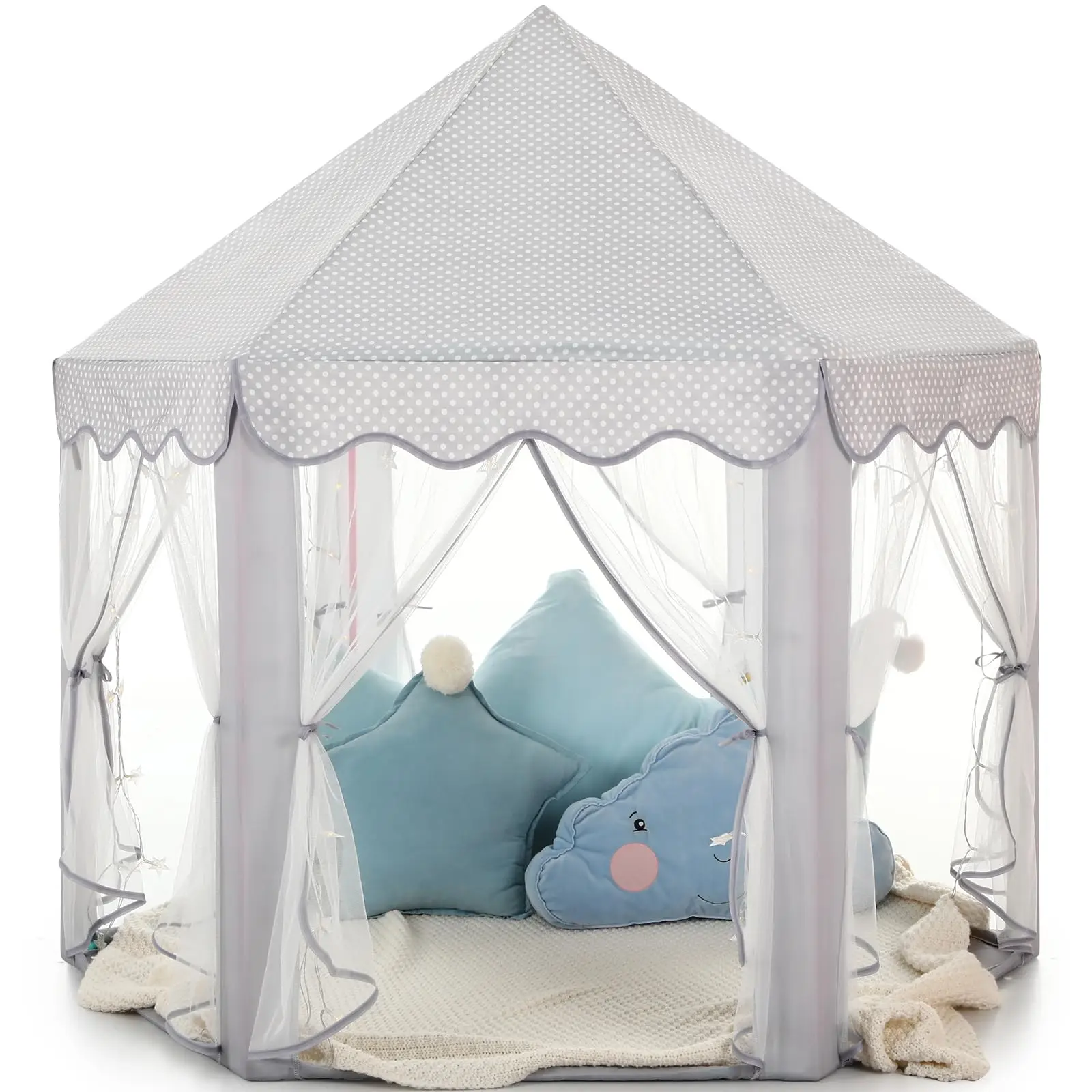 

Princess Tent Girls Large Playhouse Castle Play Tent with Star Lights for Kids Indoor Outdoor Games 55x53 Inch Grey