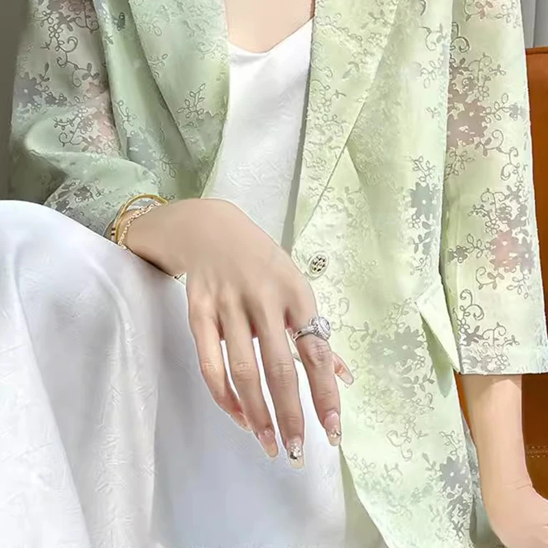 المرأة الجديدة النمط الصيني 7/8 كم السترة الساتان الجاكار سليم صالح مكتب عادية أنيقة حماية من الشمس خفيفة الوزن شحن مجاني