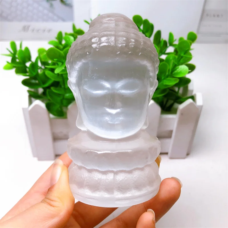 Natural Selenite Buddha Head Crystal Stone Carvings, Reiki Aesthetic Decorations, Home and Office, Christmas Gift