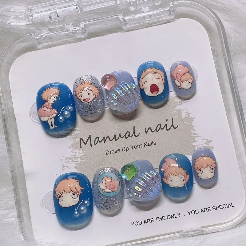 

Acrylic Press on Nails With 3d Designs Kawaii Sea Shell Full Cover Artificial Nails Blue Color Handmade Japanese Manicuree Nails