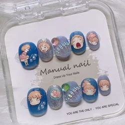 Full Cover Acrylic Press on Nails - Blue Kawaii 3D Sea Shell Designs Summer Beach Handmade Japanese Nails Durable Everyday Wear