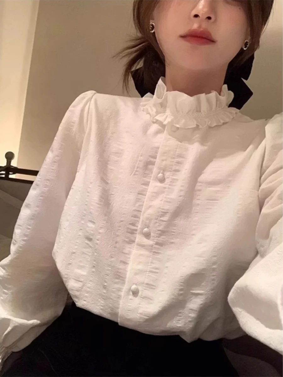 

White Long Sleeve Shirt Women Early Spring New Design Sense Flower Ear Mushroom Stand Collar Loose Fit Commute Style