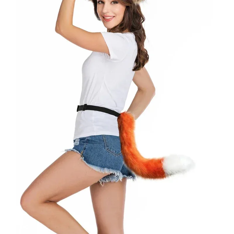 Faux Fur Kitten Wolf Long Tail Ears Hair Clips and Faux Leather Neck Collar Choker Set Halloween Party Cosplay Costume