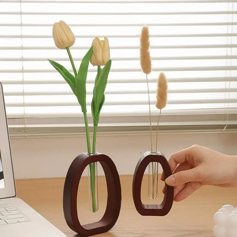 ~1 Set Vase Hydroponic Test Tube Shape With Wooden Stand Clear Flower Plants Vase Table Propagation Vase Home Desktop Decoratio