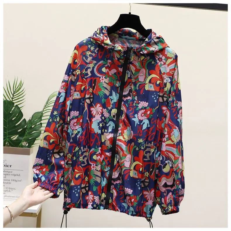 2023 Spring Printed Double Zipper Coat Women\'s Fashion Casual Thin Hooded Windbreaker Sun Protection Clothing