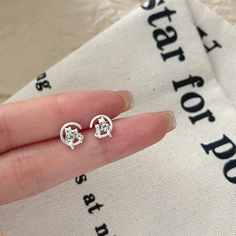 

Лунный кот, кольцо из стерлингового серебра 925 пробы, корейский стиль, милый кот, модный простой дизайн, элегантный крутой стиль, украшения для ушей для женщин