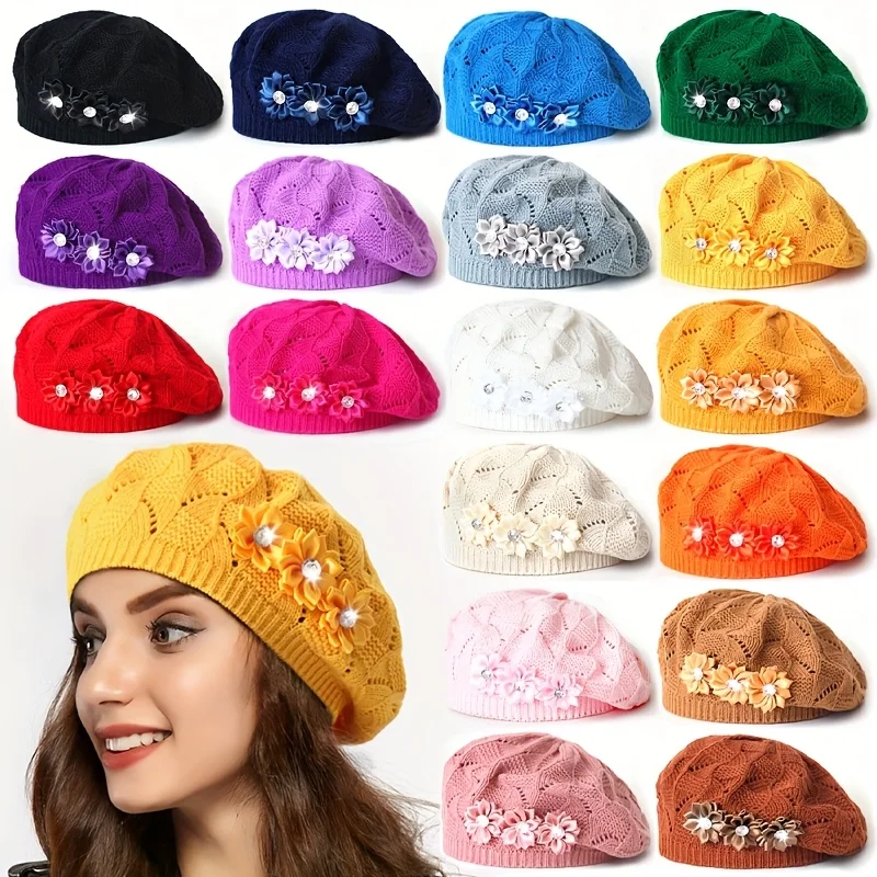 Elegant Floral Lace Beret Hat Winter Beanie with Flower Accent Non Stretchy Fit for Women Multiple Colors Available women hat