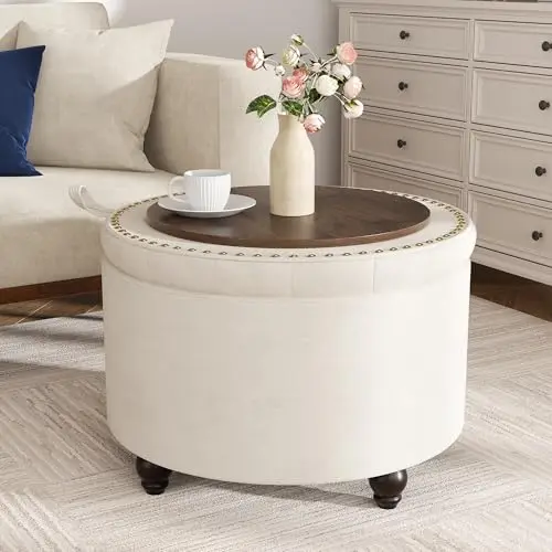 24 Inch Round Storage Ottoman,Modern Tufted Ottomans,Circular Coffee Table with Removable Top,Upholstered Large Ottoman
