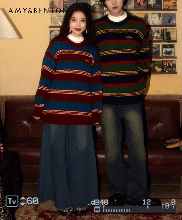 Otoño Invierno nuevo estilo Retro mujer rojo amarillo empalmado suéter de punto pareja traje suelto Casual verde negro suéter a rayas