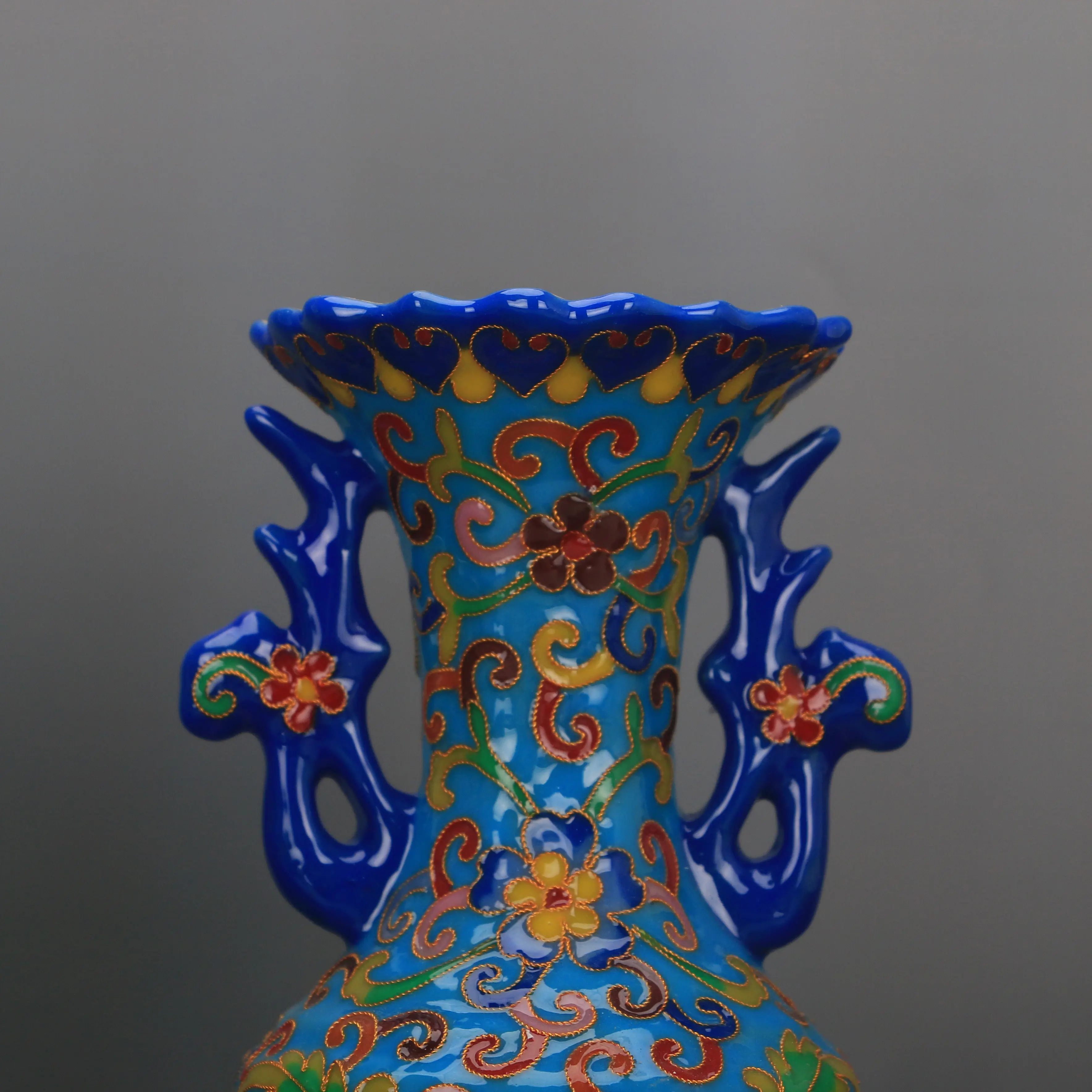 Qianlong Style Blue Ground Phoenix Ear Cloisonne Enamel Flower Mouth Vase Handmade Chinese Porcelain Home Decor Gift