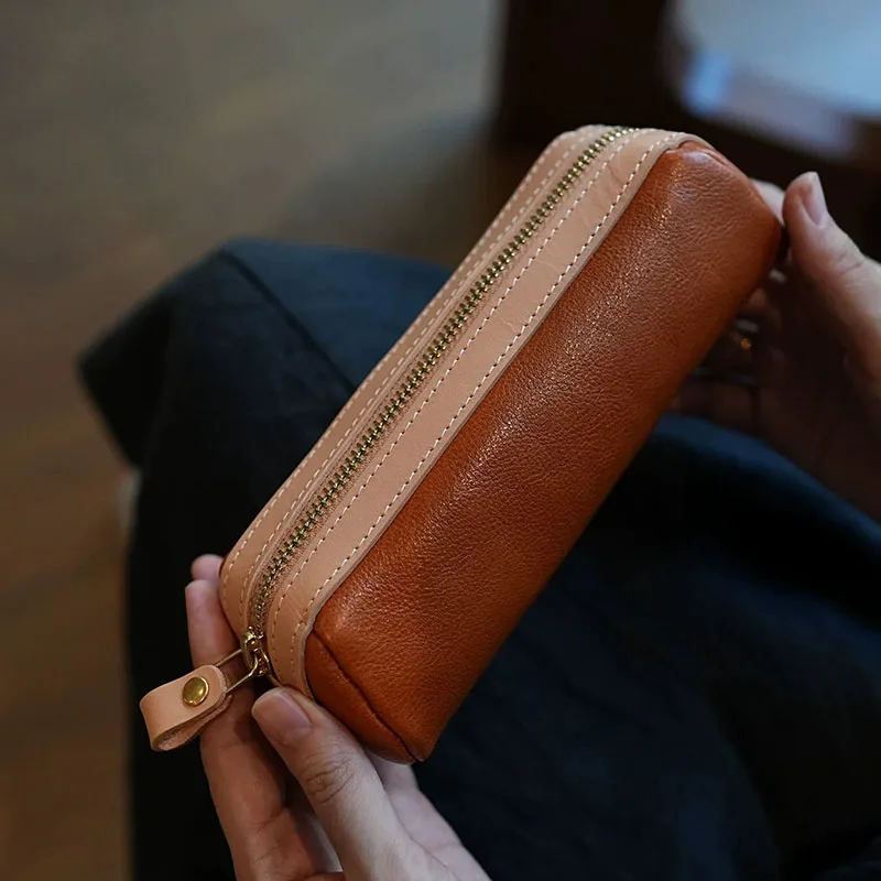 Handmade Genuine Leather Pencil Bag Retro Simple Stationery Holder Pen Case Storage Bag Zipper Pencil Pouch Glasses Case