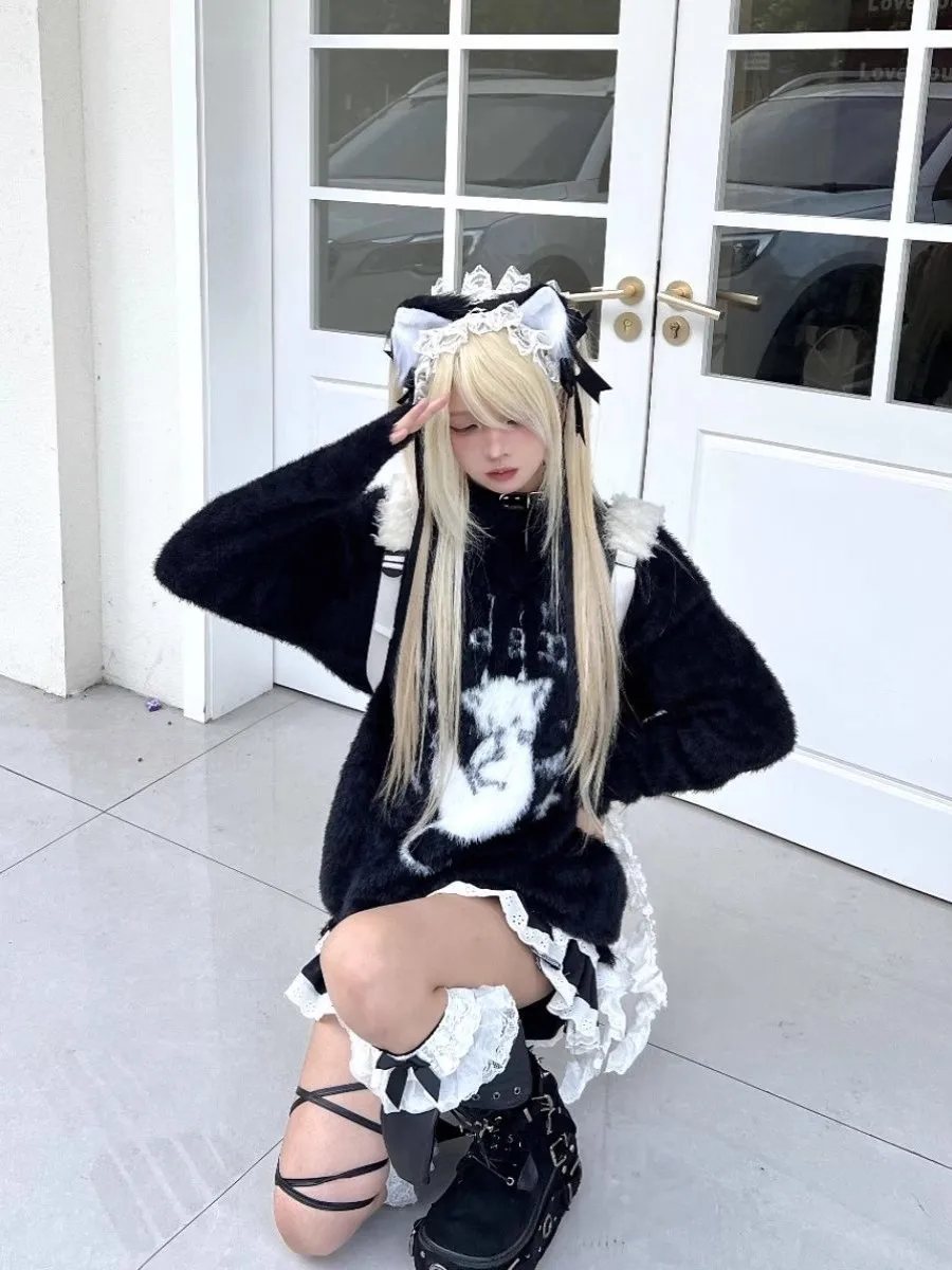 冬のかわいい漫画風アメリカンスタイルゆったりとした女性用ニットセーター、柔らかいフェイクミンク、ロング丈、ラウンドネック、カジュアルで快適