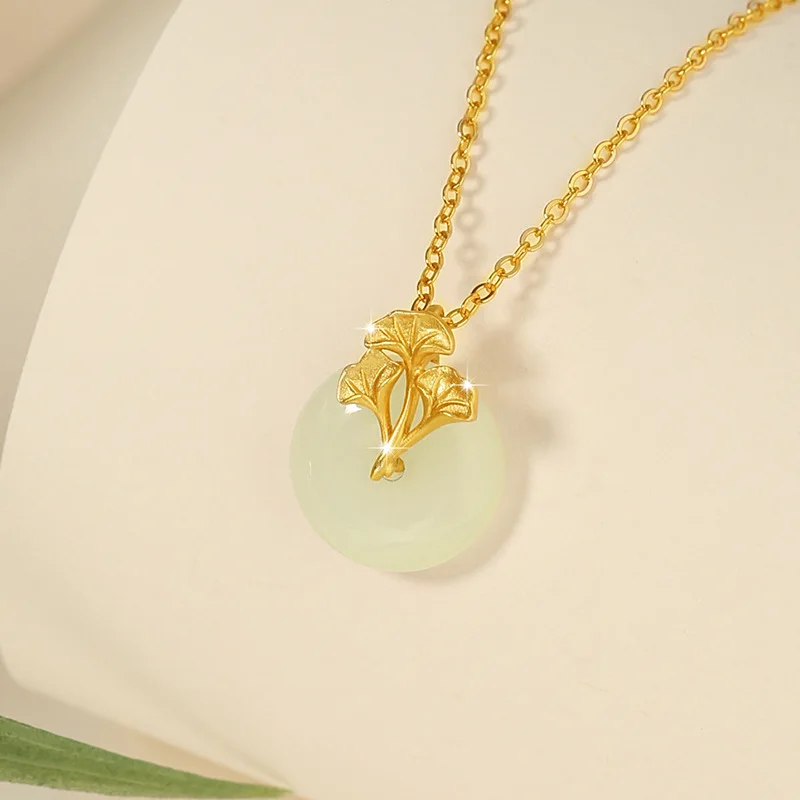 Original Sansheng Lucky Sterling Silver925Hetian Jade Necklace New Chinese Style Peace Buckle Clavicle ChaininsGinkgo Leaf Penda