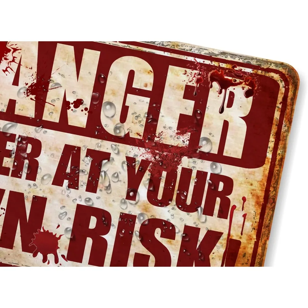 زينة الهالوين في الهواء الطلق علامة معدنية مخيفة علامات رعب دموية للهالوين للحفلات أدخل في خطرك الخاص مقاس 12 × 8 بوصة