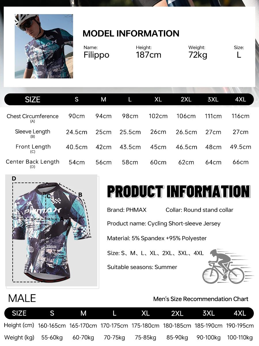 PHMAX Herren-Mountainbike-Trikot, kurzärmelig, Fahrradtrikots mit 3 Taschen, Renntrikot, Fahrradbekleidung mit durchgehendem Reißverschluss – Detail 2