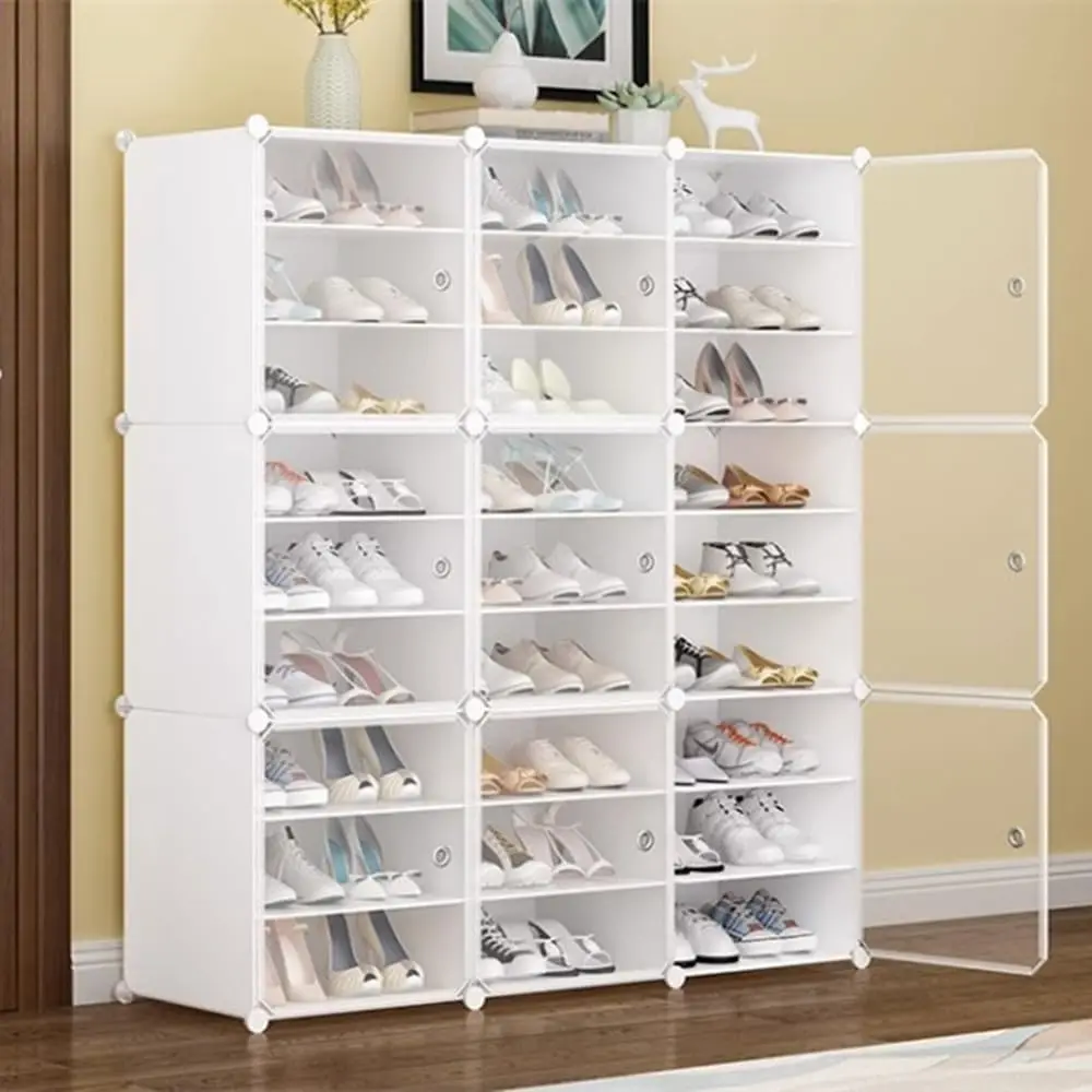 Portable Shoe Rack Organizer with Door, 96 Pairs Shoe Storage Modular Cabinet, Plastic Adjustable Box Shelves Stackable