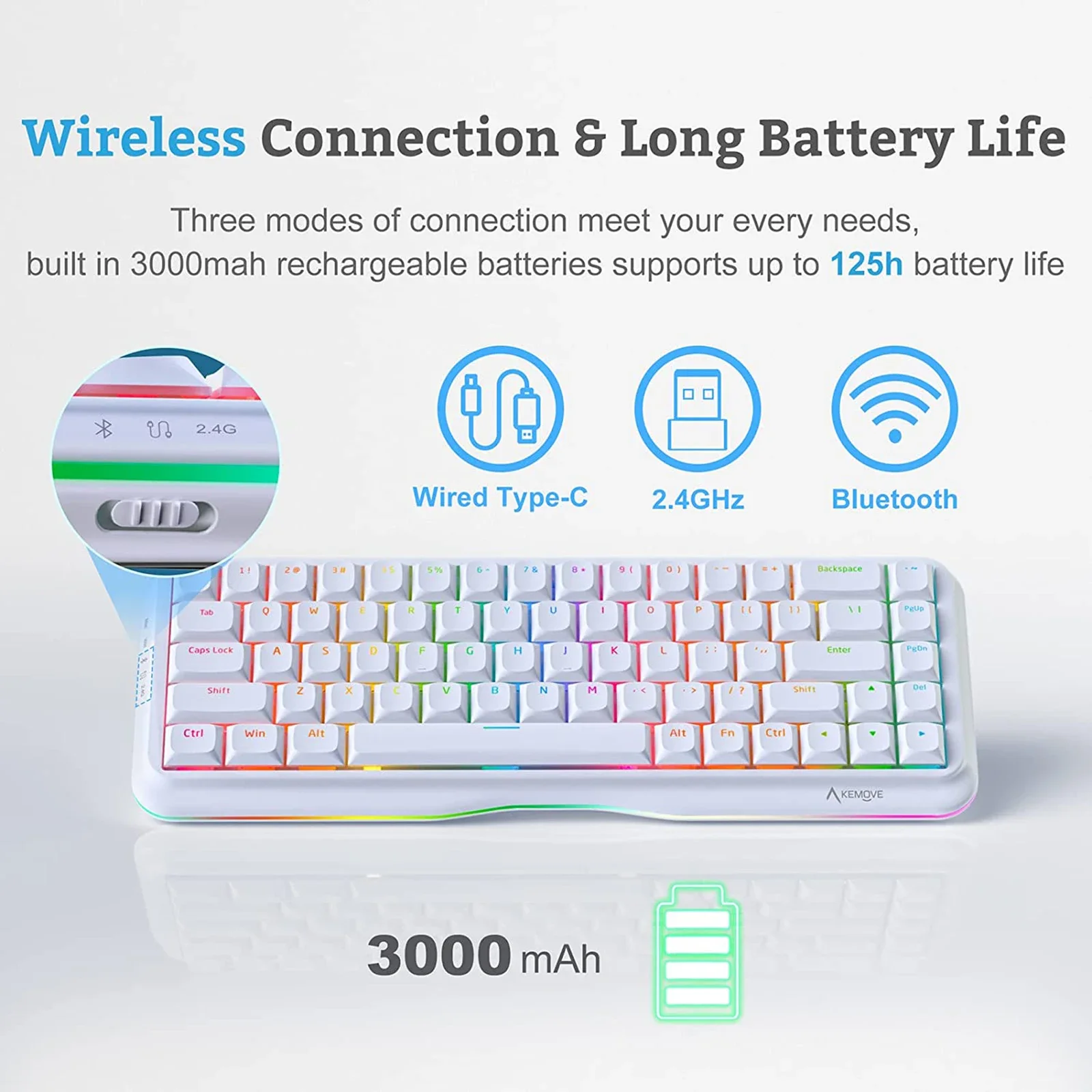 Imagem -05 - Kemove-teclado Mecânico Bluetooth sem Fio K68 Modo 68 Chaves Rgb Hot-swappable 2.4g Compatível com Win Mac Ipad