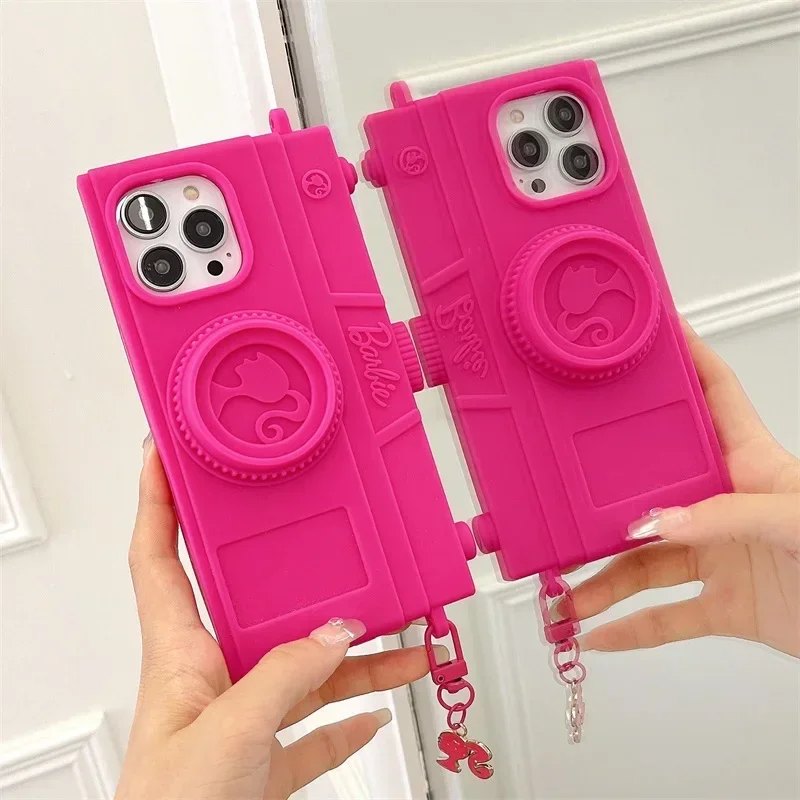 Silicone phone case with Barbie stand beautiful camera case with lanyard, shockproof design for iPhone 15 14 13 Pro Max Kawai