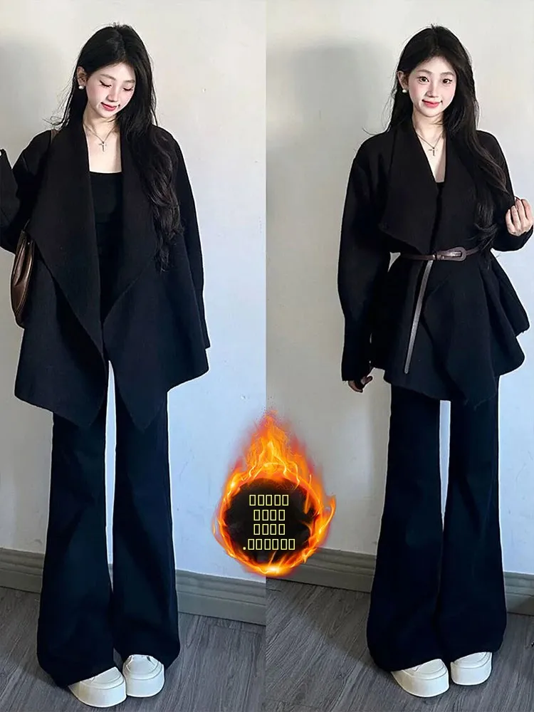 

Женские зимние джинсы-клеш с высокой талией, на флисовой подкладке, эластичные, утягивающие, в американском стиле, свободного кроя, повседневные