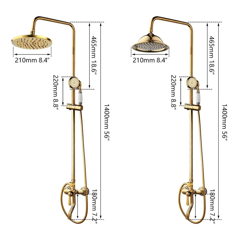 YANKSMART Gold Polished Bathroom Shower System Faucet Set Wall Mounted 3 Functions Rainfall Round Showers Head Mixer Water Tap