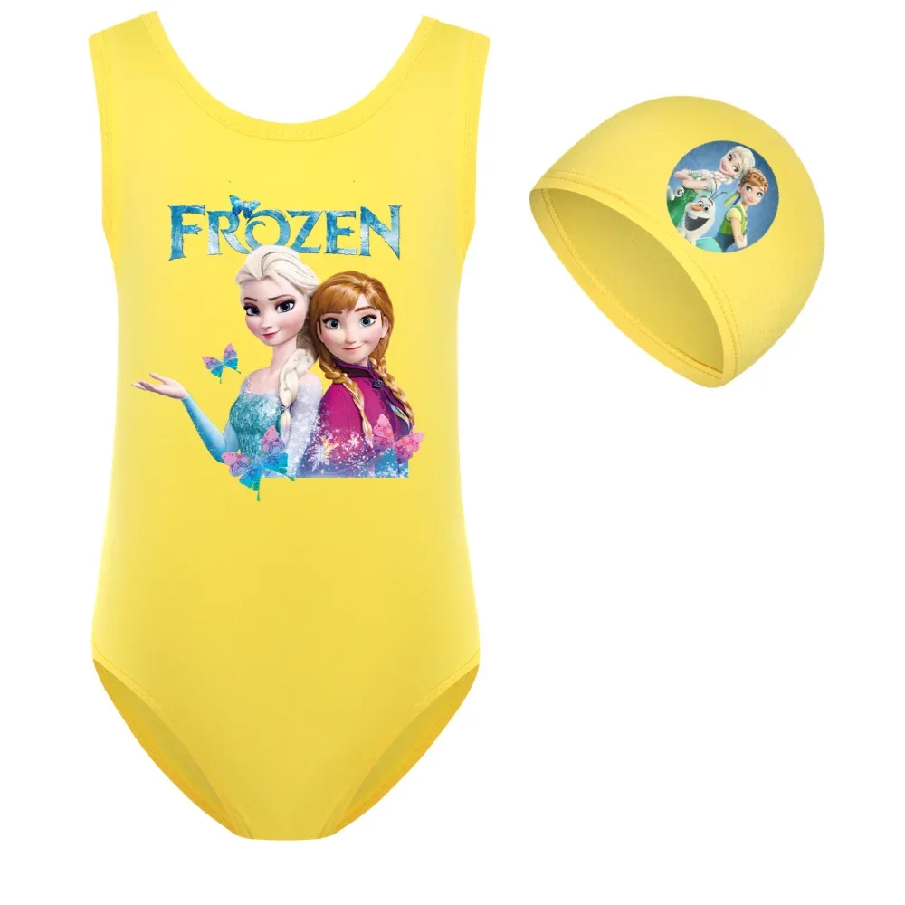 Girls One Piece Swimsuit Swimwear Bathing Suit Cartoon Frozen Anna Elsa Kid Sport Swimsuit Swimming Cap 2 Pcs/Set Baby Beachwear