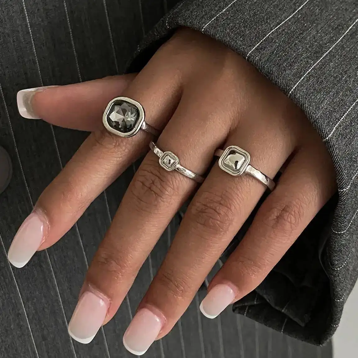 SHIXIN 3Pcs/Set Fashion Square Acrylic Rhinestone Open Rings for Women Minimalist Geometry Adjustable Knuckle Ring Party Jewelry