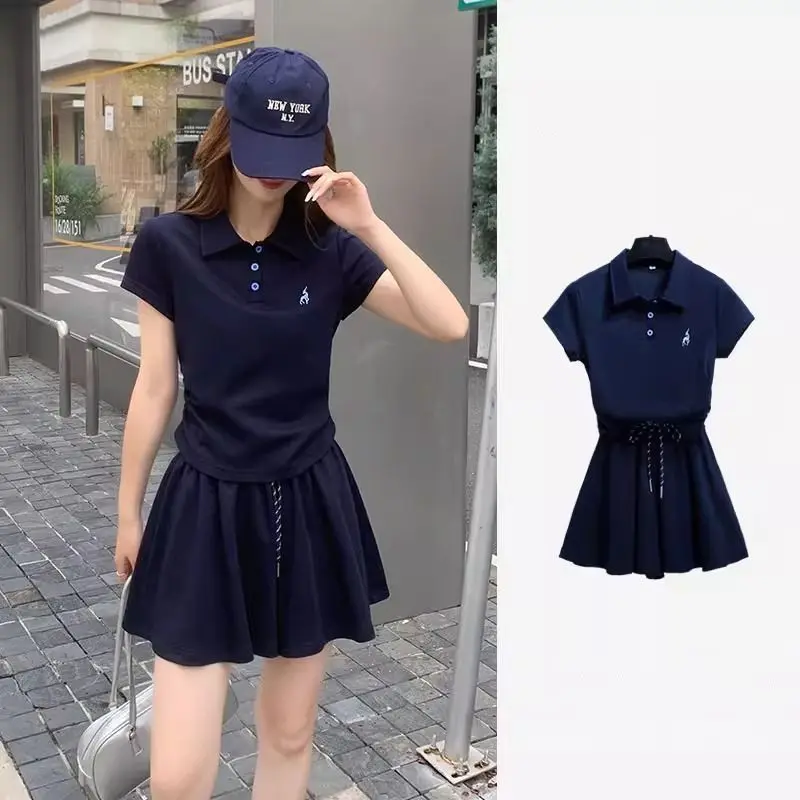 

Summer 2025 Neck Two-Piece Set Slimming Pleated Skirt Pants Korean Style Fashionable Women's Polyester Fiber Short Sleeve
