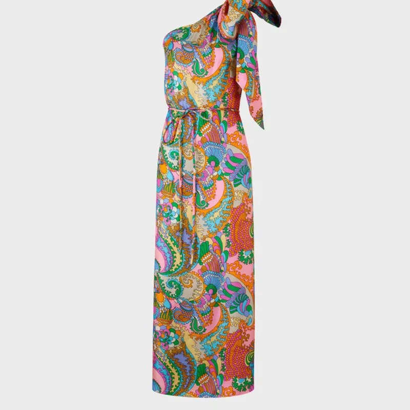 Asymmetrische Fliege Up Party Kleid Sommer Weibliche Schräge Kragen Muster Gedruckt Kleid Aushöhlen Off Schulter Casual Lange Kleider