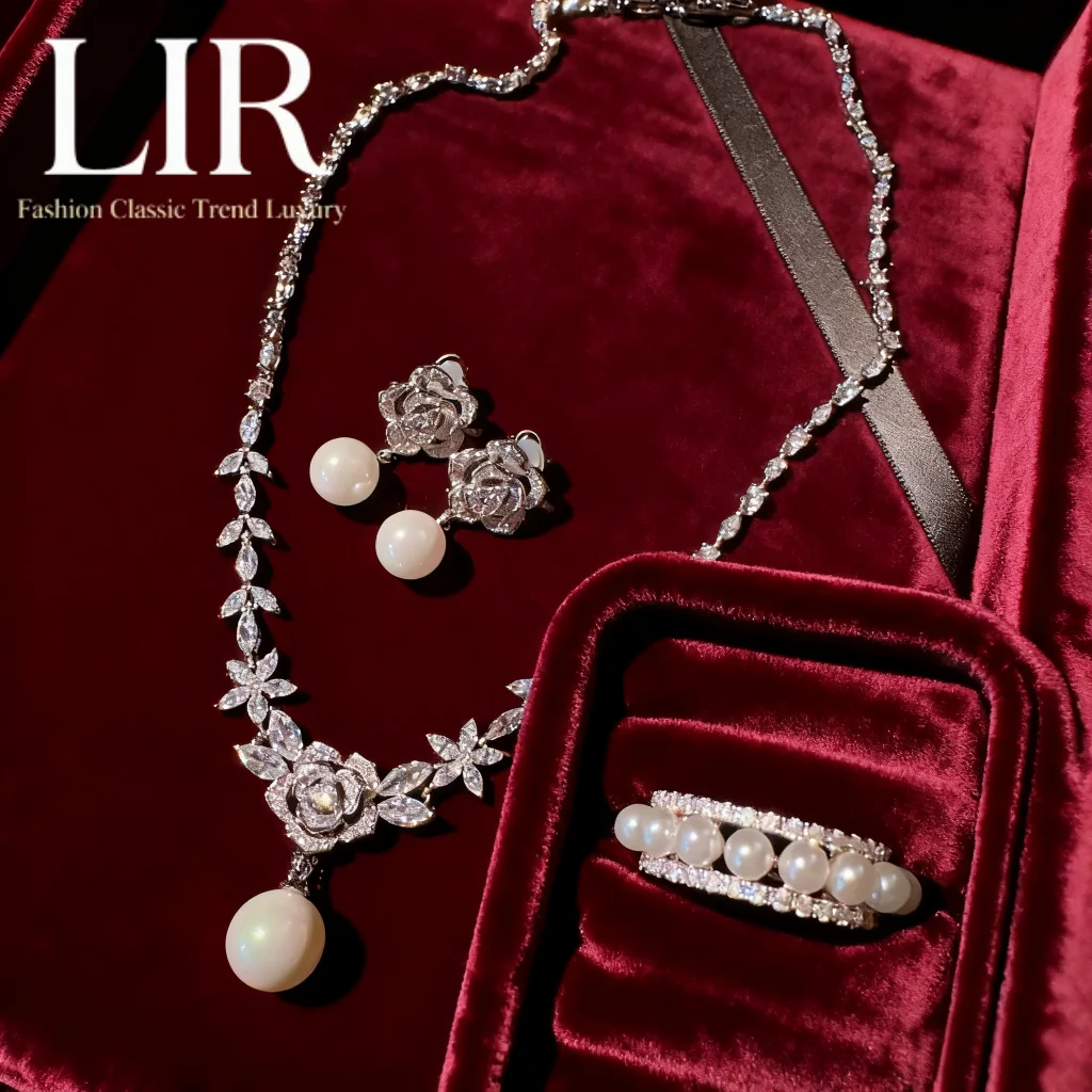 

LIR Retro Jewelry Set for Women: Camellia Gem Pearl Necklace, Rose Zircon Shell Pearl Earrings, Customizable